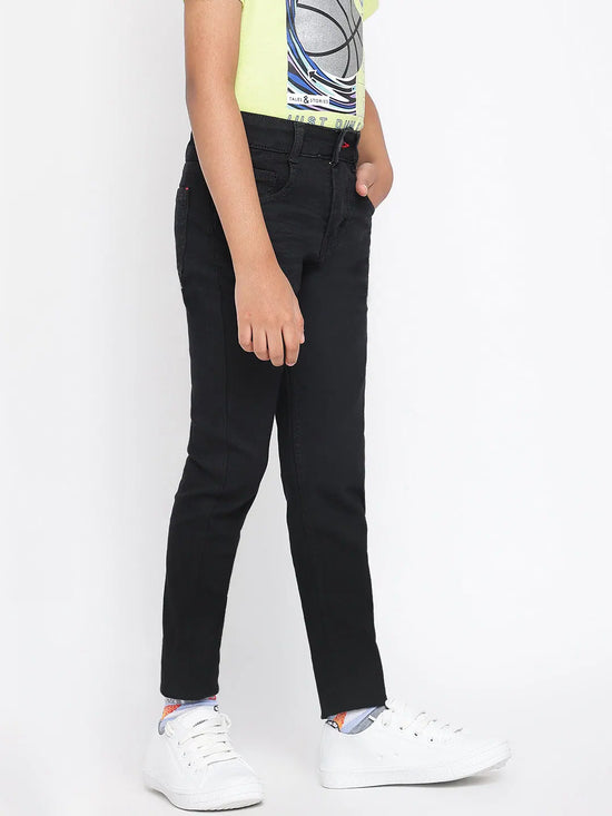 Tales & Stories Boys Jet Black Cotton Slim Fit Solid Jeans