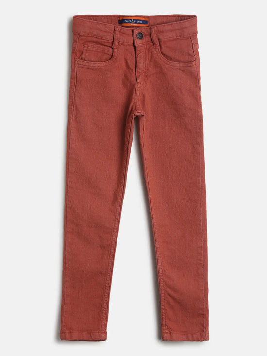 Tales & Stories Boy's Solid Rust Lycra Slim Fit Jeans