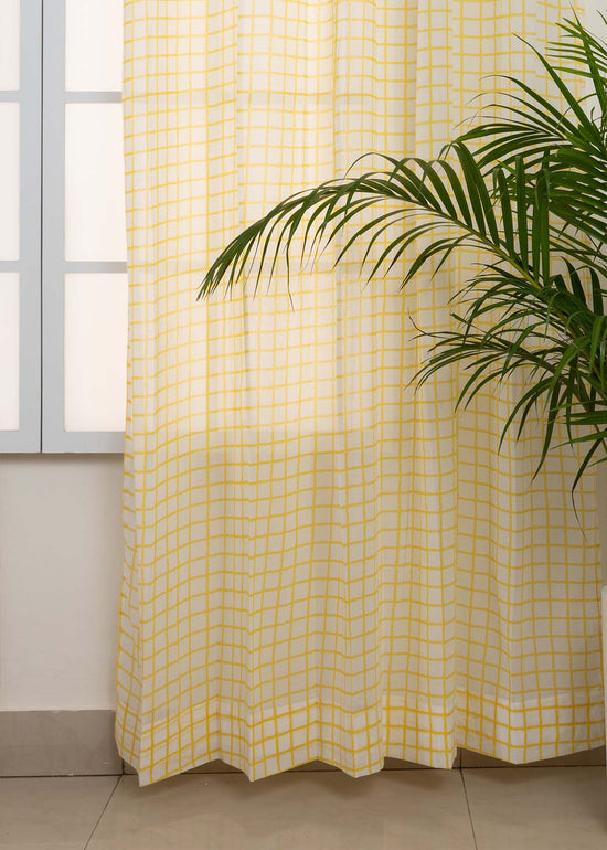 Uneven Checks Geometric 100% Cotton Sheer curtain for Living room & bedroom - Light filtering - Yellow - Pack of 1-230423105