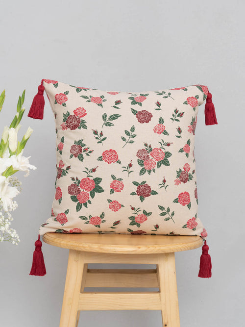 Wild Roses 100% cotton floral cushion cover for sofa - Red-230451077