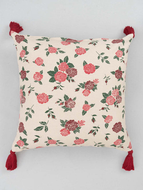 Wild Roses 100% cotton floral cushion cover for sofa - Red-230454077