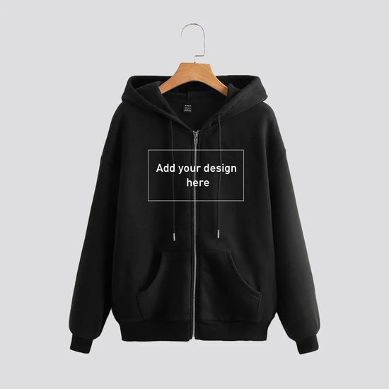 French Terry Black Hoodies with Zipper, 100% Cotton - 240 GSM