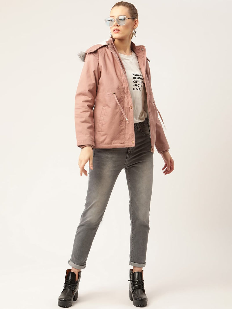 Women Dusty Pink Solid Detachable Hood Parka Jacket