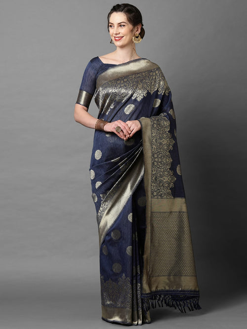 Sareemall Navy Blue Festive Silk Blend Woven Designer Saree With Unstitched Blouse