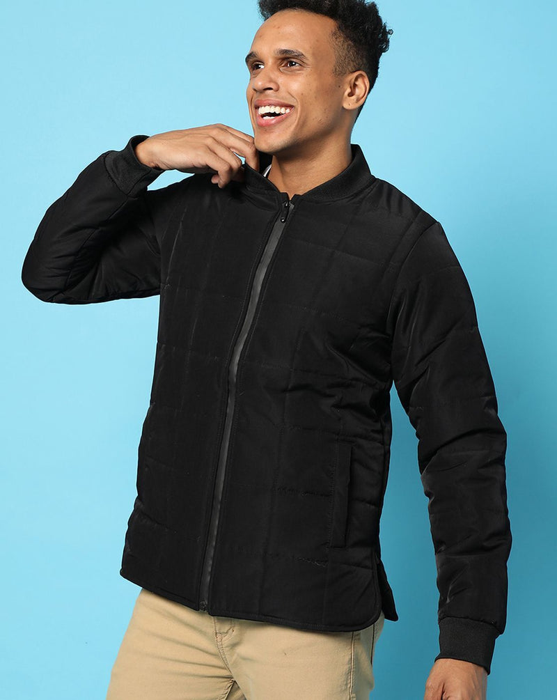 Campus Sutra Mens Black Solid Bomber Jacket Regular Fit For Casual Wear | Standing Collar | Quilted Puffer | Trendy Jacket Crafted With Comfort Fit & High Performance For Everyday Wear