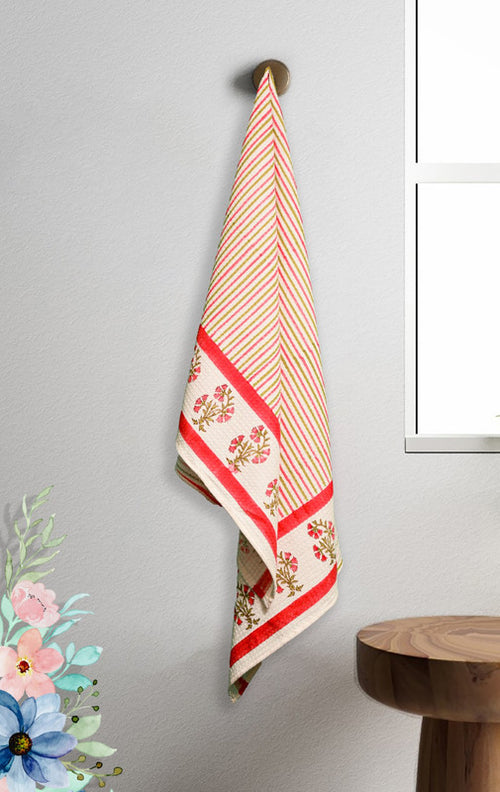 Abeer Pure Cotton Pink Handblock Printed Unisex Adults Bath Towel -75 x 150 cm.