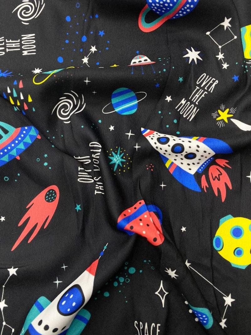Space Theme Quirky Designs Poly Rayon Digital Printed Fabric - Width : 58
