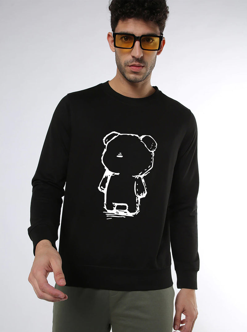Manlino Get Mens Black Round Neck Regular Graphic Printed Sweatshirt