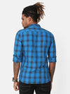 Men Sapphire Blue & Navy Slim Fit Checked Cotton Casual Shirt