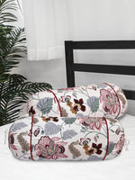 Clasiko Cotton Bolster Covers Set Of 2 210 TC Pink Grey Leaves 30x15 Inches