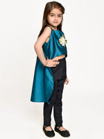 Jelly Jones Turquoise Asymmetric Flower Emblished top with Black leggings dress
