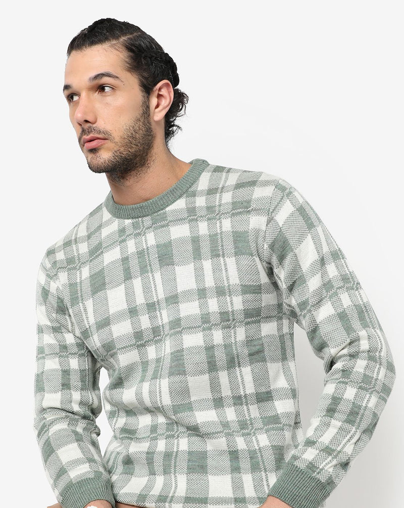 Campus Sutra Men's Sage Green Checked Textured Regular Fit Sweater For Winter Wear | Round Neck | Full Sleeve | Woolen Sweater | Casual Sweater For Man | Western Stylish Sweater For Men