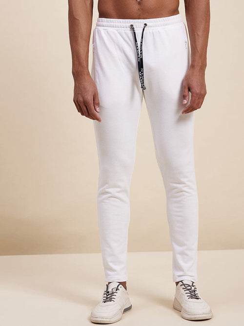 Men's White Slim Fit Zipper Pocket Joggers