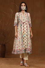 Juniper Beige Cambric Floral Print Panelled Kurta With Mask