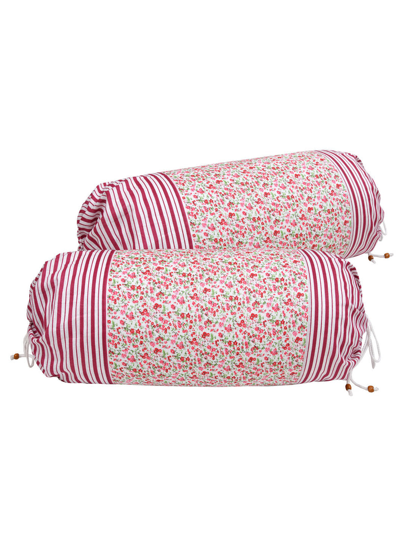 Clasiko Cotton Bolster Covers Set Of 2 220 TC Multicolor Flowers With Stripes 30x15 Inches