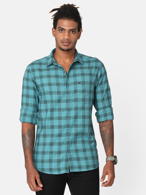 Men Teal & Navy Slim Fit Checked Cotton Casual Shirt