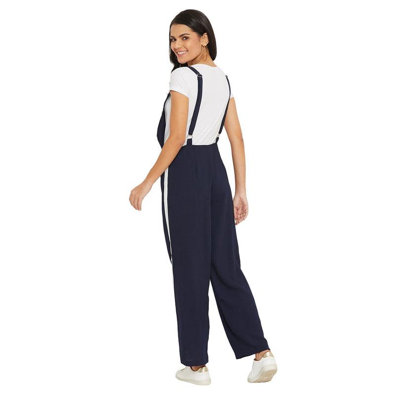 Adults-Women Solid Navy Blue Dungarees With Side Stripes