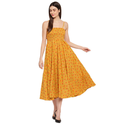 Aawari Cotton Printed Bobbin Gown For Girls and Women (Yellow)