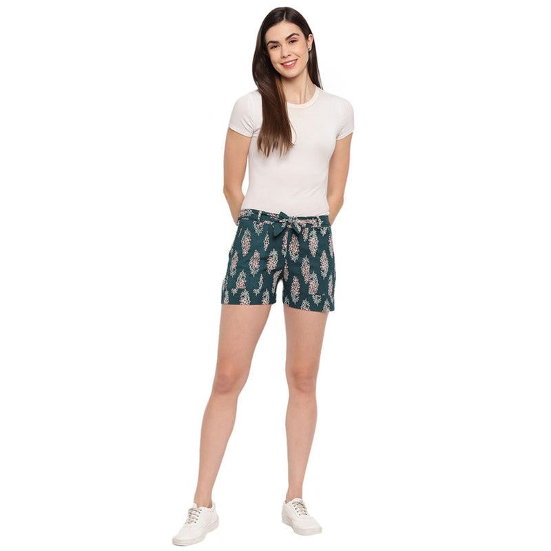 Aawari Cotton Green Boota Printed Shorts For Girls and Women (Multicolor)