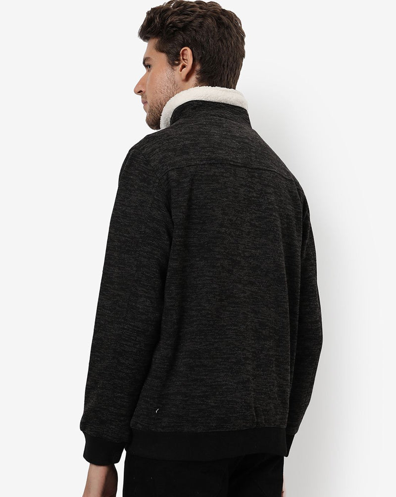 Campus Sutra Men's Solid Black Fleece Puffer Regular Fit Bomber Jacket For Winter Wear | Standing Collar | Full Sleeve | Zipper | Casual Jacket For Man | Western Stylish Jacket For Men