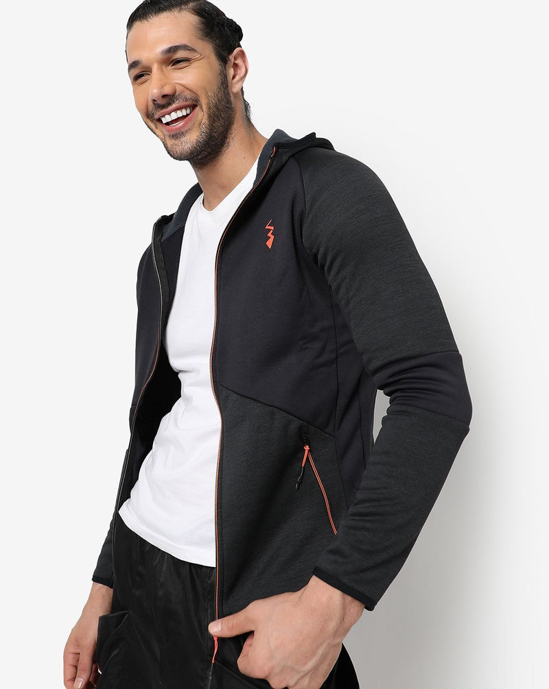 Campus Sutra Men's Black Solid Regular Fit Activewear Jacket For Winter Wear | Dri-Fit | Standing Collar | Full Sleeve