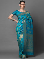 Sareemall Teal Blue Party Wear Kanjivaram Silk Woven Design Saree With Unstitched Blouse