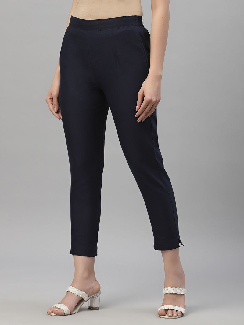 Juniper Navy Cotton Flex Festive Solid Straight Pant/Slim Pant For Women