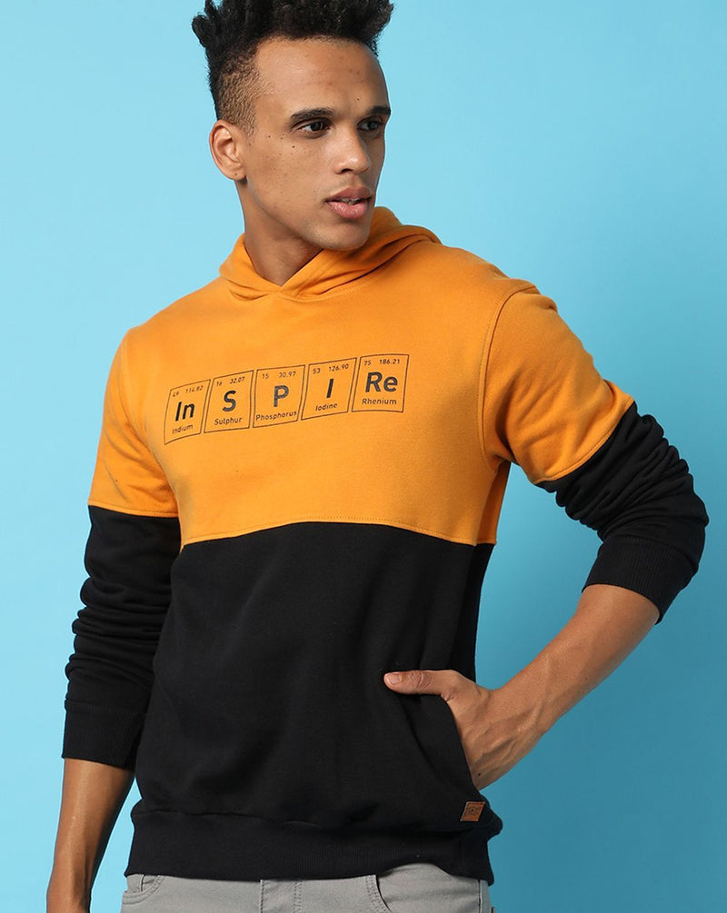 Campus Sutra Mens Mustard Colour-Blocked Sweatshirt With Hoodie Regular Fit For Casual Wear | Cotton Blend Fabric | Trendy Sweatshirt Crafted With Comfort Fit & High Performance For Everyday Wear