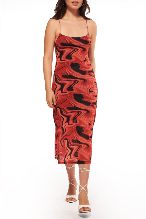 IZF Red Printed Mesh layered midi dress