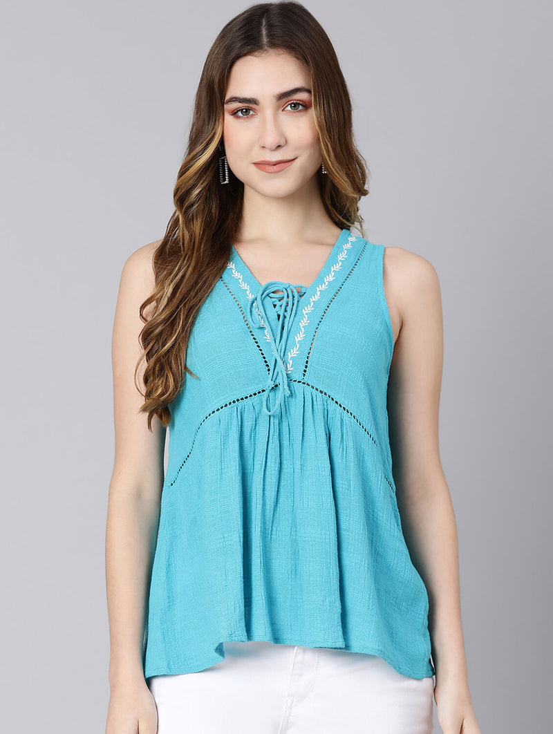 Sky Blue Embroidery Women Top