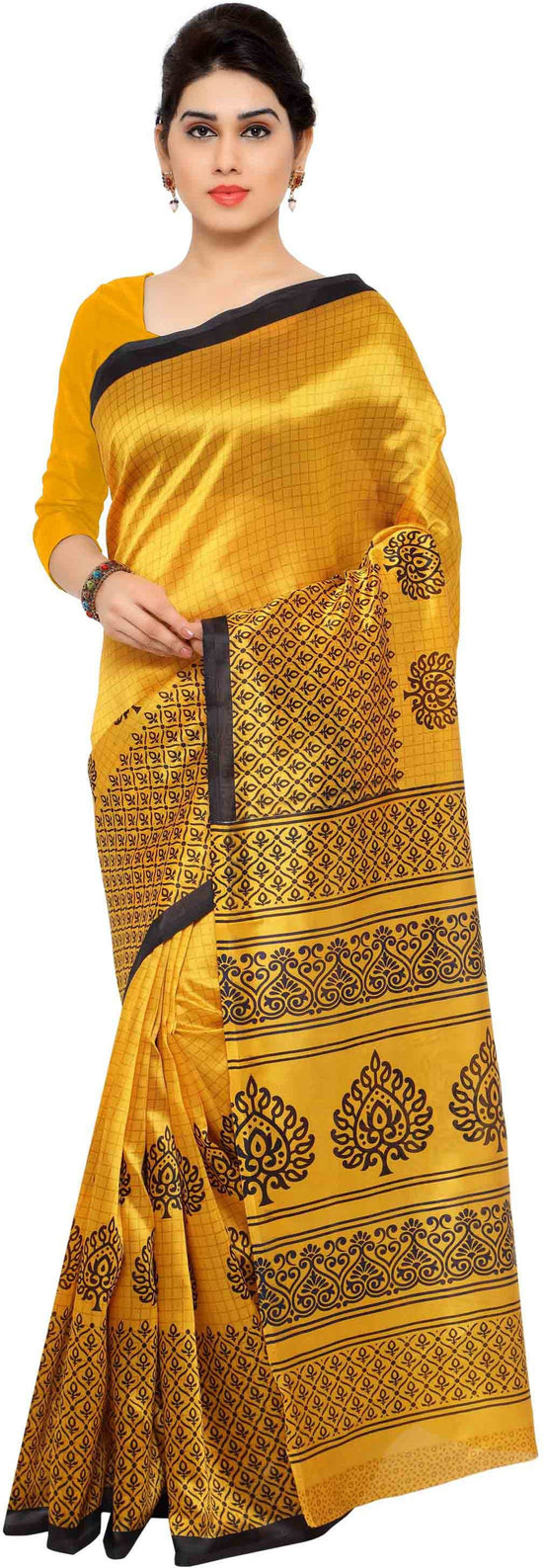 Black & Yellow Printed Art Silk Saree