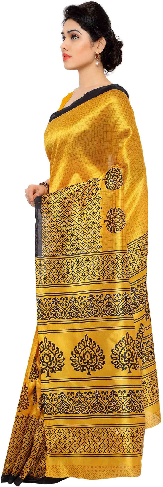 Black & Yellow Printed Art Silk Saree