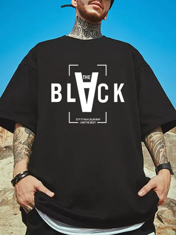 Manlino Fercy Mens Black Half Sleeve Oversized Graphic Printed T-Shirt
