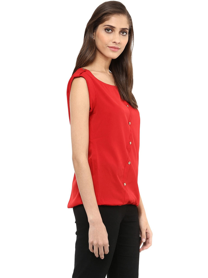 Pannkh Women's Red Top With Fake Shoulder-Tab