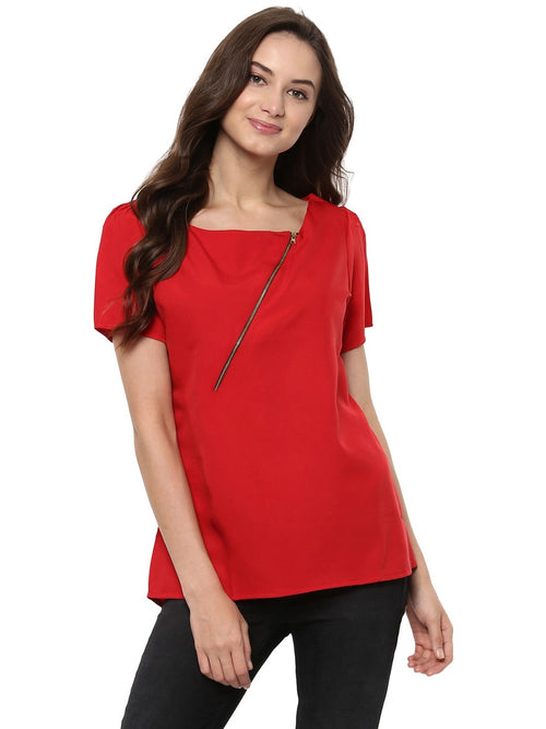 Pannkh Women's Red Top Detailed With Gathered Sleeves And Diagonal Zip