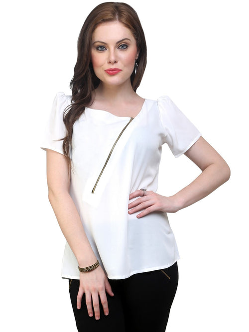 Pannkh Women's White Top Detailed With Gathered Sleeves And Diagonal Zip