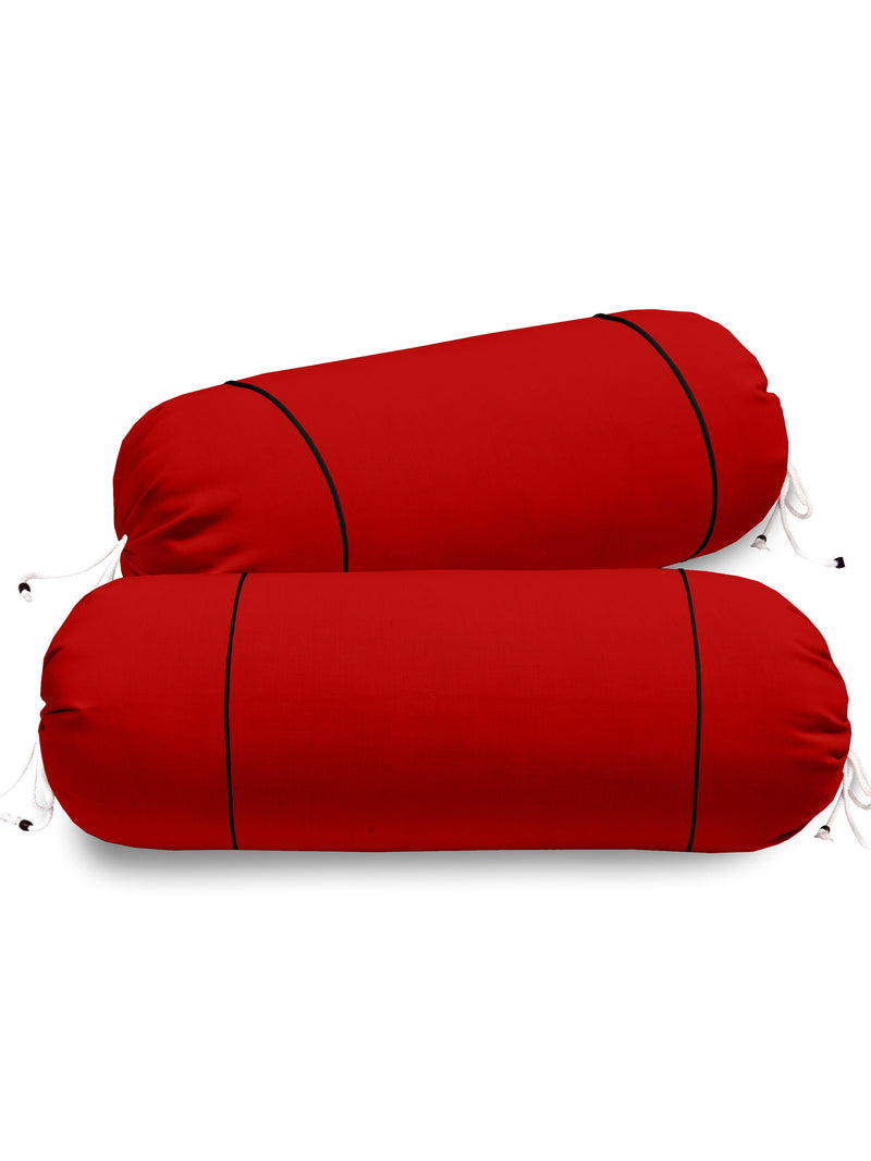 Clasiko Cotton Bolster Covers Set Of 2 300 TC Red With Black Piping 30x15 Inches