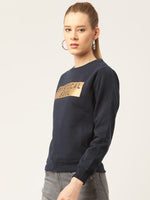 Women Navy Blue & Golden Printed Sweatshirt
