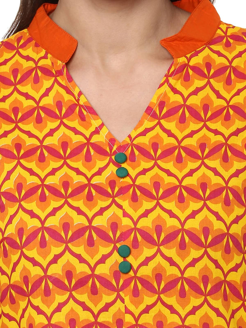 Pannkh Women's Yellow Allover Print Stand Collar Print Kurti