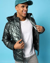 Campus Sutra Mens Metallic Green Solid Bomber Jacket Regular Fit For Casual Wear | Collar With Hoodie | Quilted | Trendy Jacket Crafted With Comfort Fit & High Performance For Everyday Wear