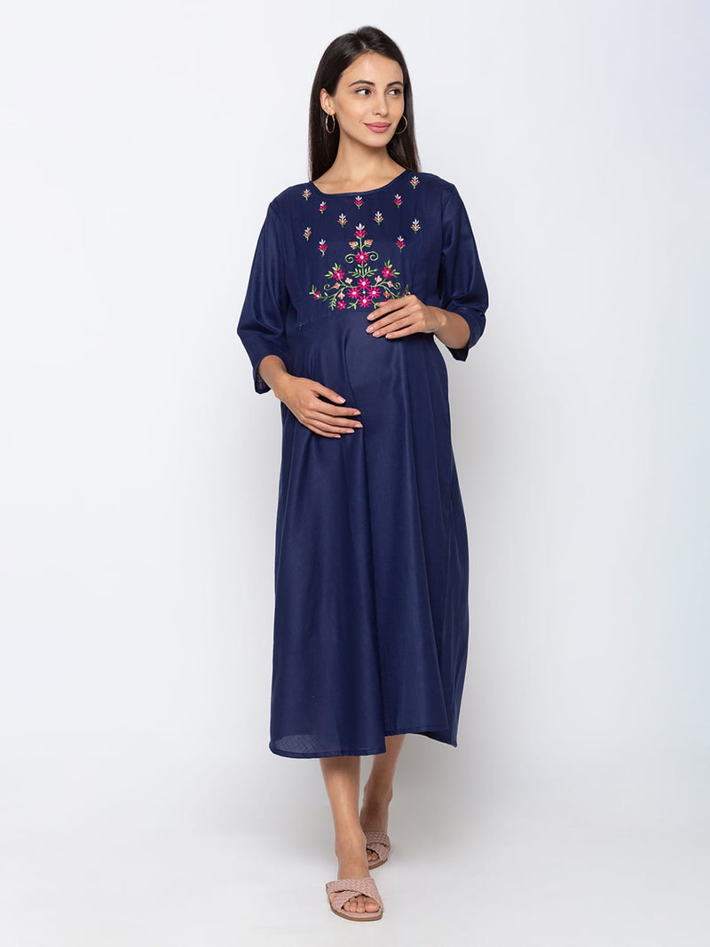 MomToBe Women's Cotton Blend Space Blue Maternity/Feeding/Nursing Dress