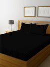Satin Stripes solid all corner elastic fitted king size double bedsheet with 2 large pillow covers with zig-zag border ( 72/78'') fit for 8 inches mattresses- Black