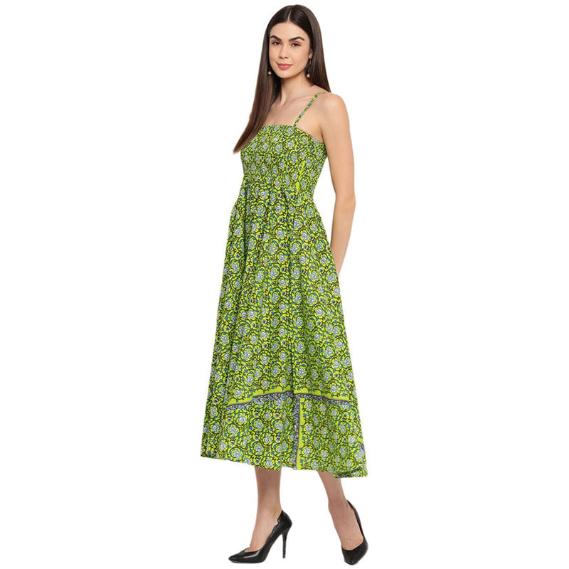 Aawari Cotton Printed Bobbin Gown For Girls and Women (Green)
