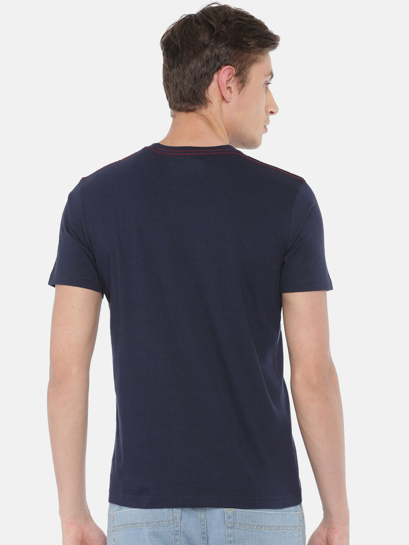 Navy Round Neck Printed Cotton T-shirt Regular Fit