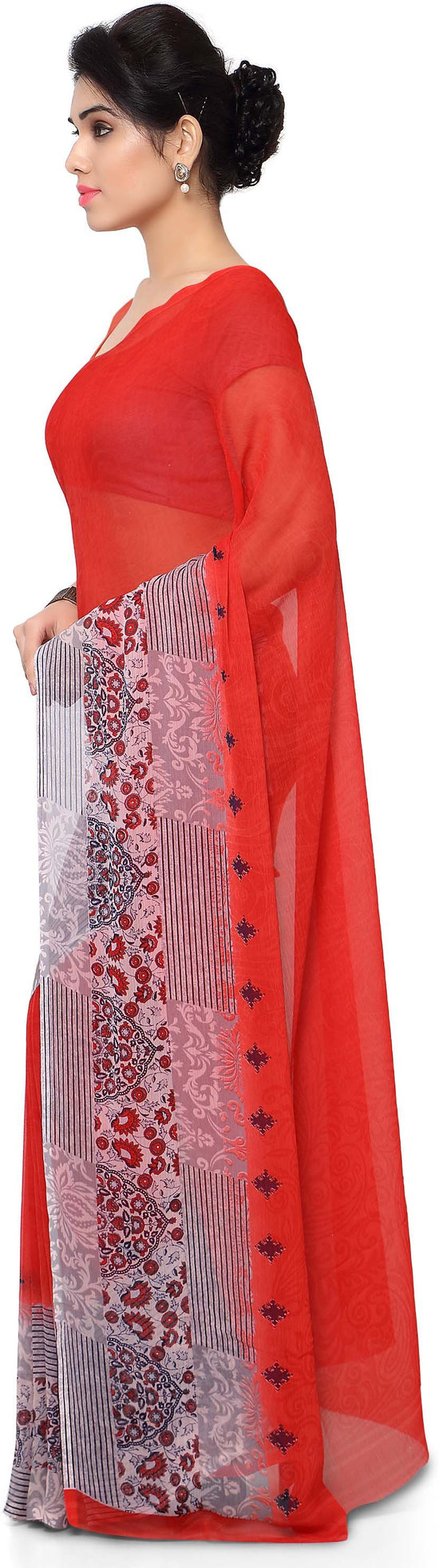 Red Printed Chiffon Saree