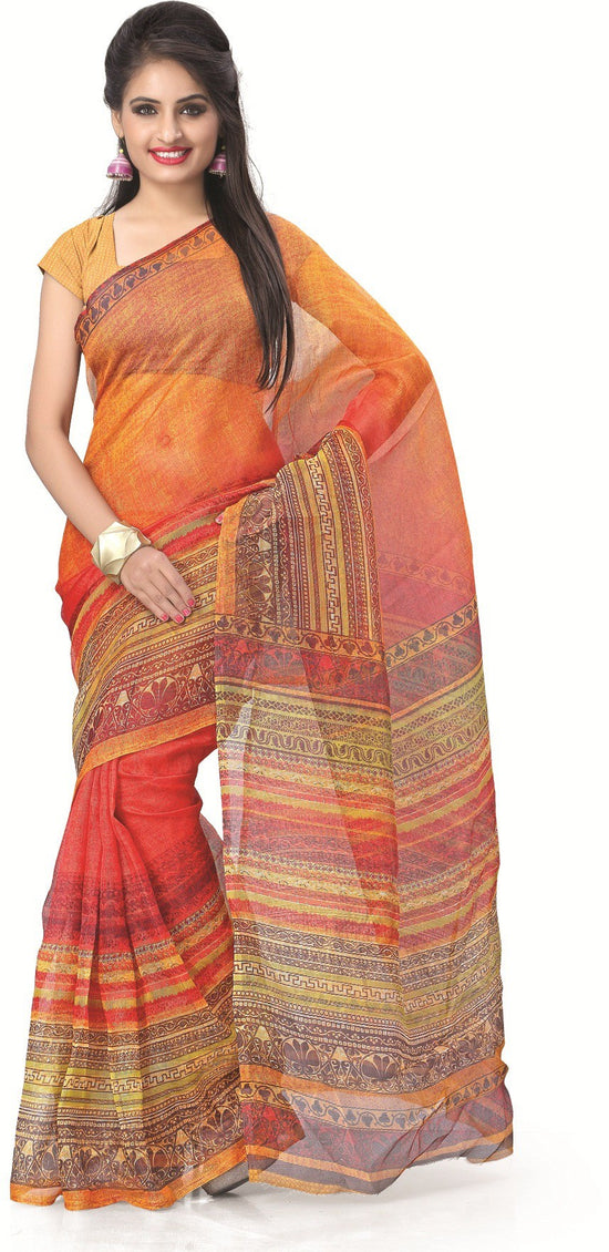 Orange Printed Polyester Saree