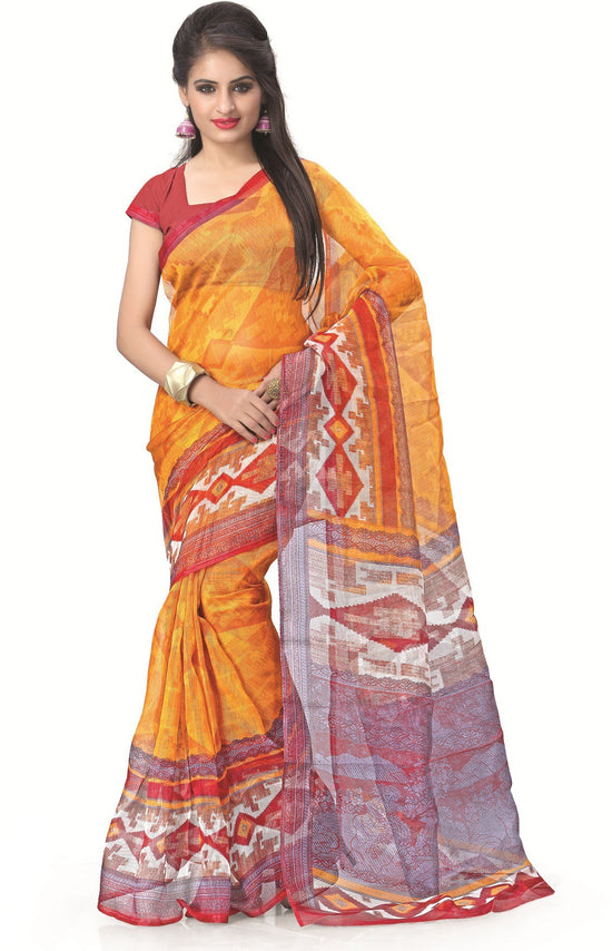 Orange Printed Cotton Blend Saree