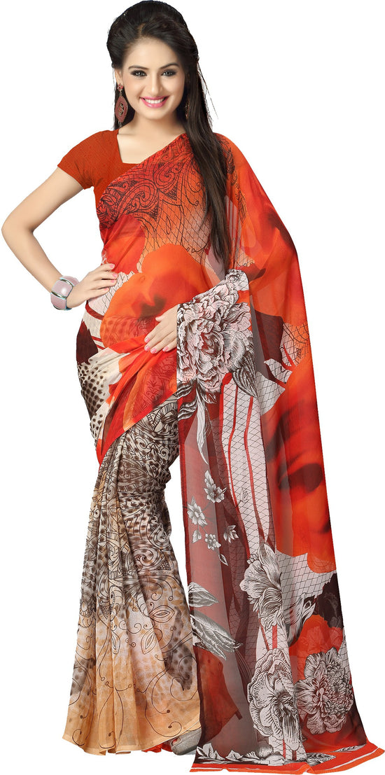 Red Printed Georgette Saree