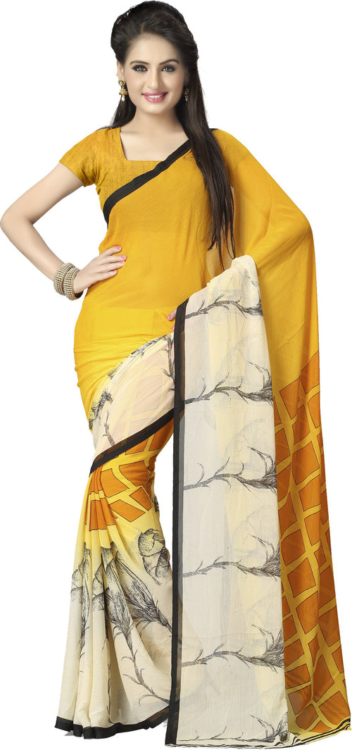 Yellow Printed Georgette Saree