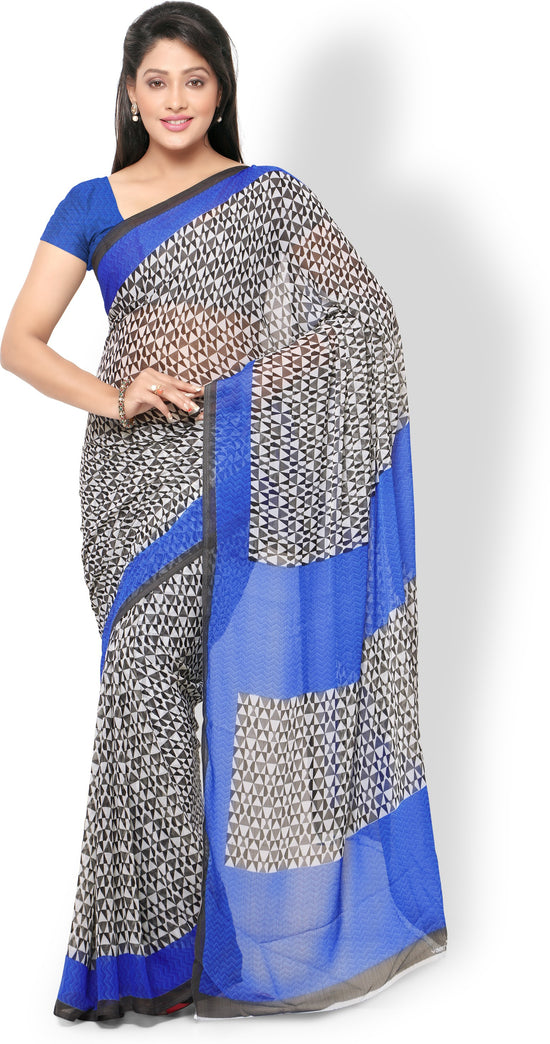 Blue Printed Chiffon Saree